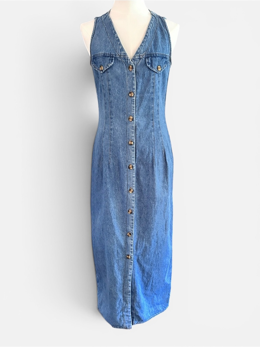 Vintage Mirrors 2 Denim Maxi Dress Button Front Sleeveless 90s Size Small